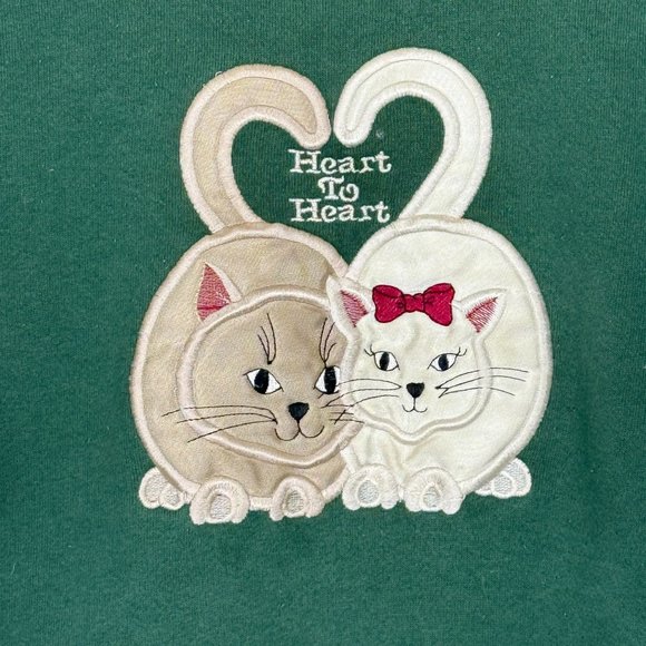 Vtg Cheek-O Sweatshirt Sz Large Heart To Heart Cat Applique Green Long-Sleeve US - Picture 3 of 7